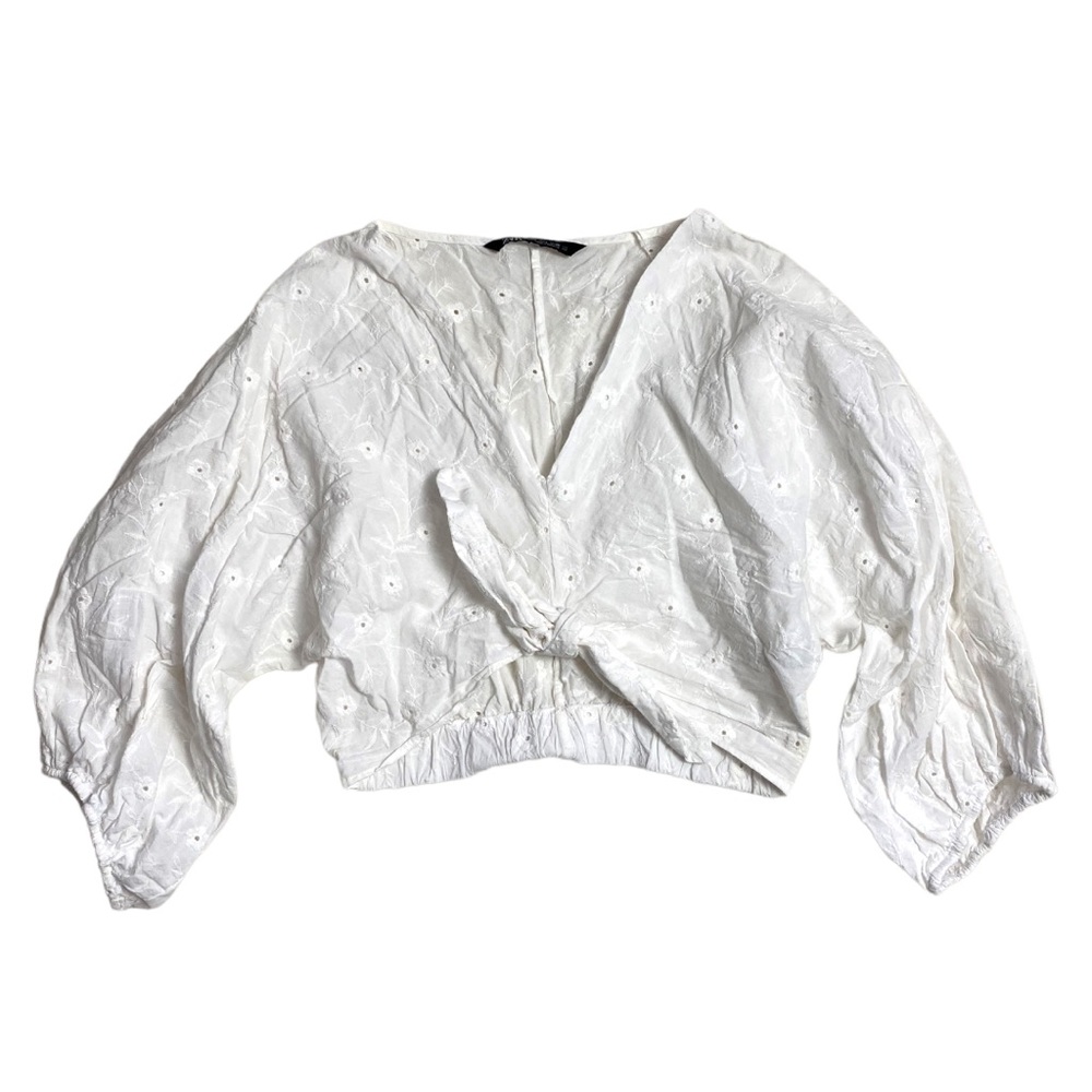 Zara White Eyelet Cropped Tie Front Top